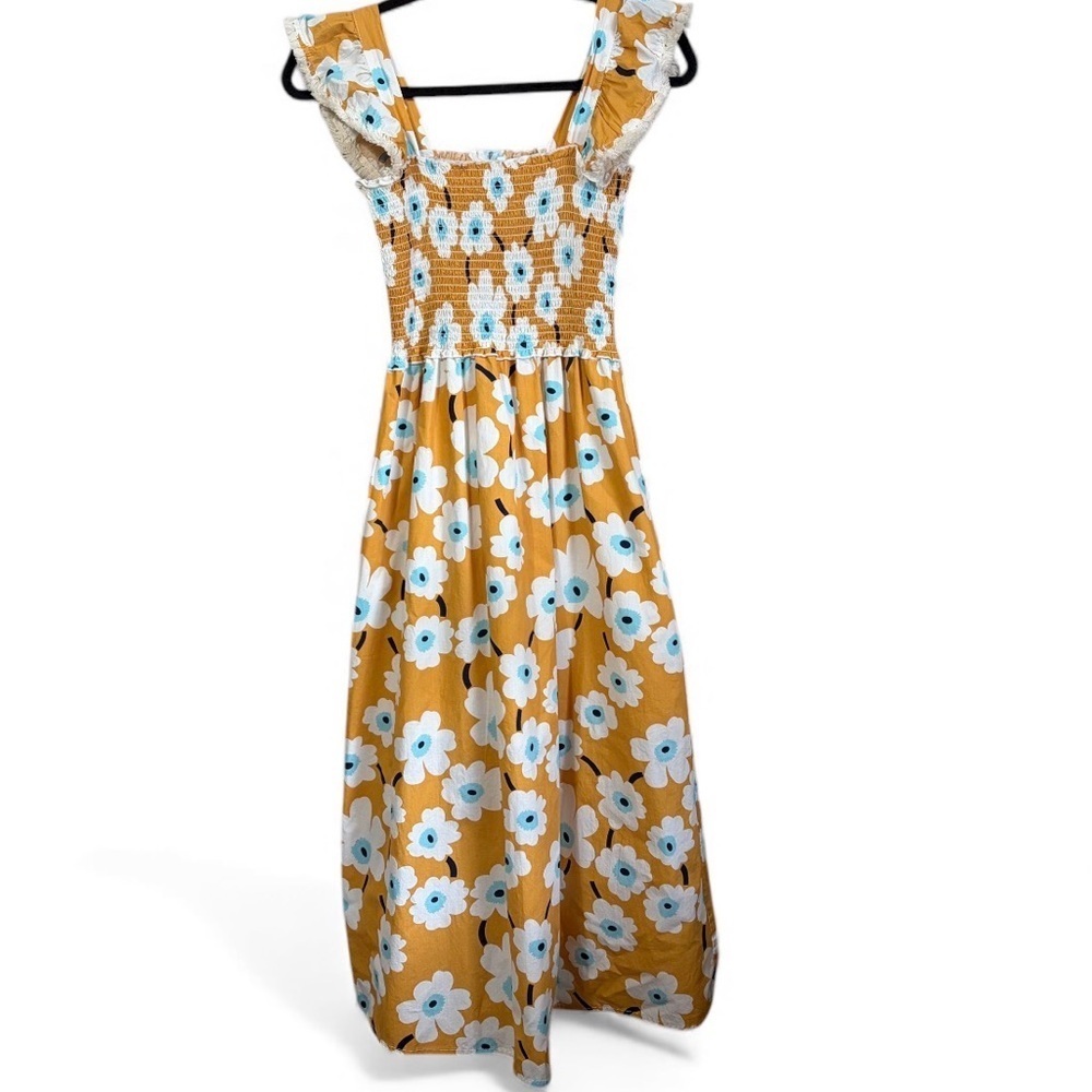 THML Floral Smocked Midi Dress With In Mustard Size XS